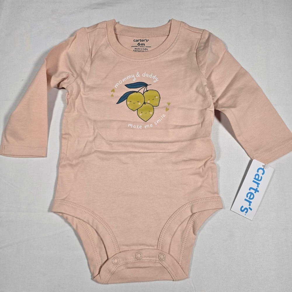Carters Baby Girls 6M Pink Lemon Mommy Daddy Make Me Smile Long Sleeve Bodysuit